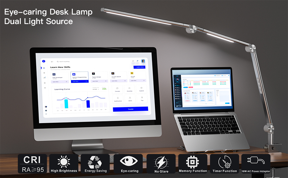 LED лампа для столу VERSKI 18W з регулюванням яскравості та 5 колірними температурами. Захист очей, для офісу та дому. Кріпиться на стіл.