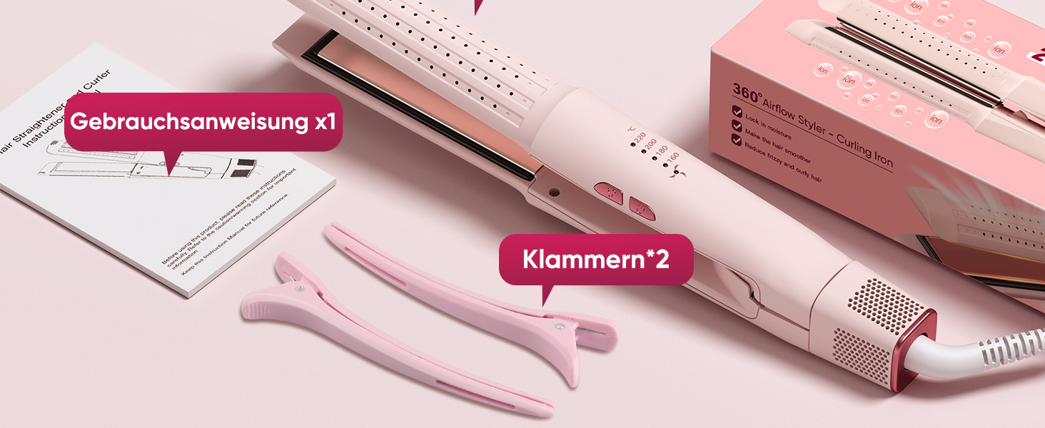 Випрямляч та плойка 2-в-1 з охолодженням Air Glatt, негативне іонізація, 4 температурні режими, рожевий