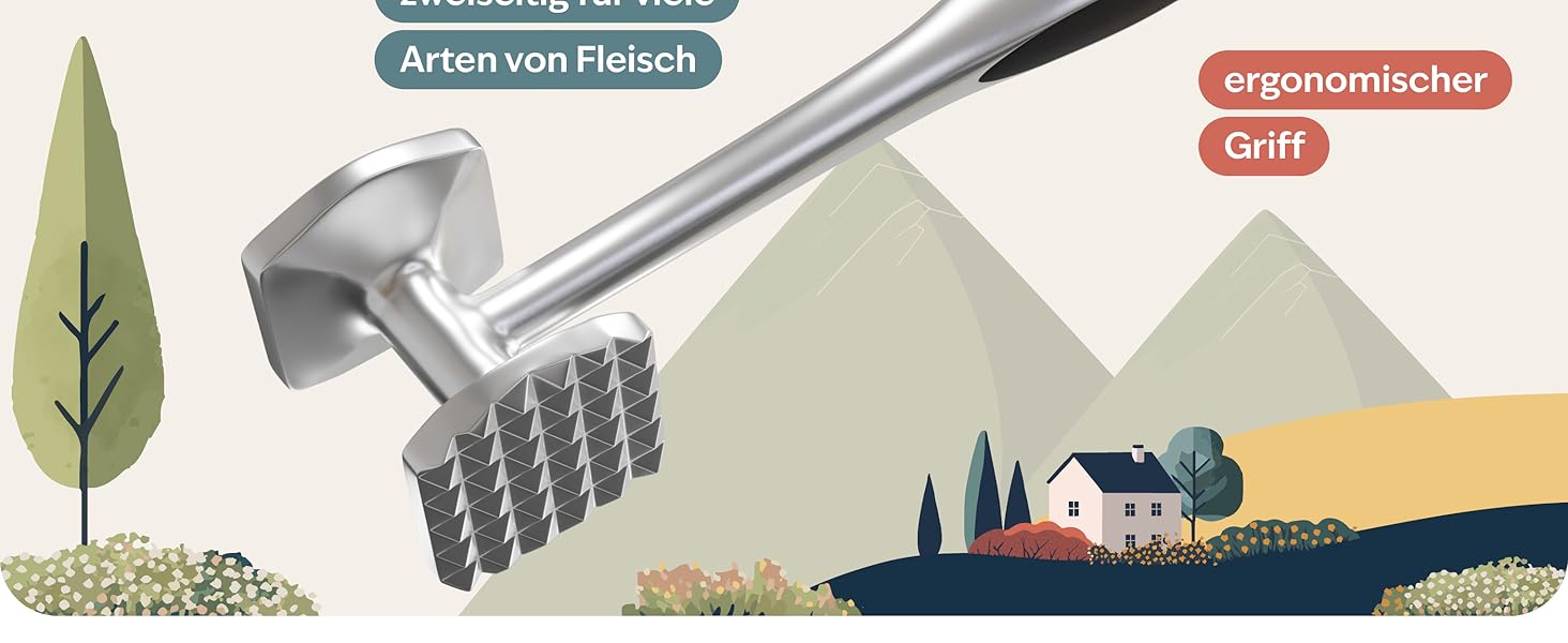 Преміум Fleischklopfer (м'ясорубка) з цинкової сплави з матовим хромом - для відбивання шніцелів та м'яса, придатний для миття в посудомийній машині. Ідеальний подарунок для кулінарії.