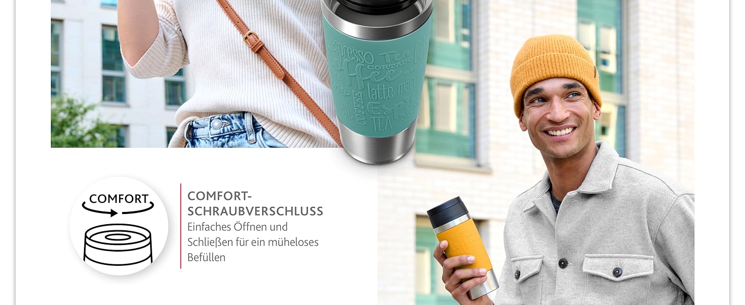 Термокружка Emsa N20202 Travel Mug Classic, 0.36 л, нержавіюча сталь, чорна | Зручний гвинтовий закриття, 4 год гаряче та 8 год холодне, 100% герметична, для миття в посудомийній машині, 360° отвір для пиття
