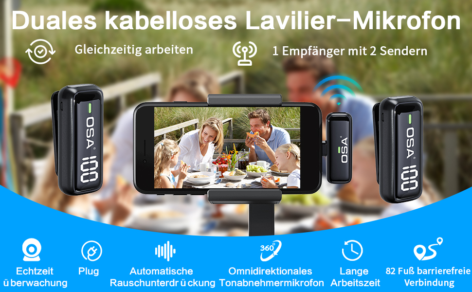 OSA Бездротовий петличний мікрофон: професійний комплект з двома мікрофонами, Plug-and-Play, для iPhone, Android, камери, ПК, з зарядним кейсом
