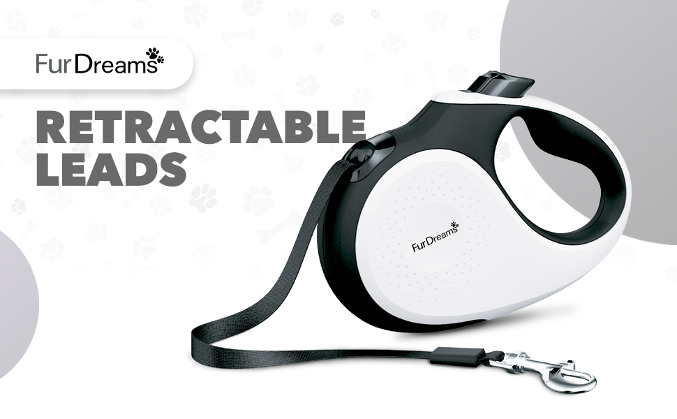 Рулетка для собак FurDreams – міцна висувна повідка 5 м | Зручна ручка з блокуванням | Міцний нейлоновий трос, що не заплутується | Кріплення для нашийника (велике) | Білий, великий