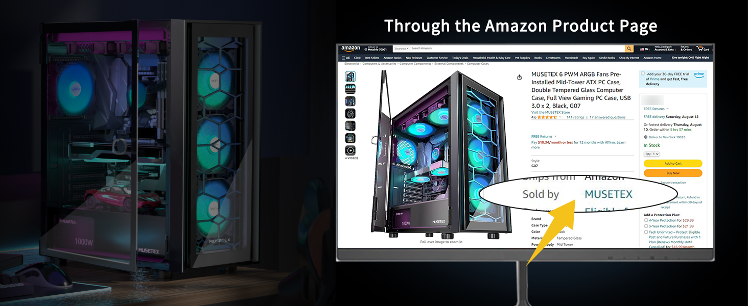 Корпус ПК MUSETEX G07 ATX з 6 вентиляторами ARGB, USB 3.0, чорний, Mid Tower для геймінгу