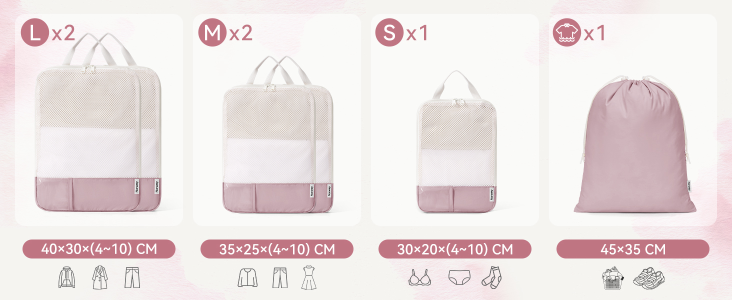 Набір органайзерів для валізи Narwey (6 шт.) - кубики для пакування з компресією, бежевий. Організація подорожей та зручне пакування речей.