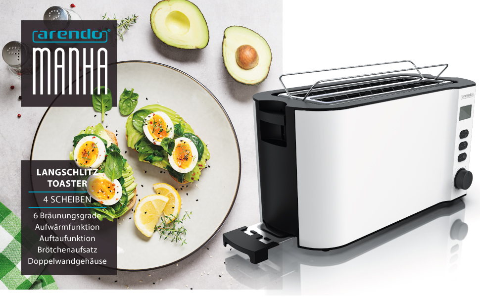 Тостер Arendo з нержавіючої сталі з 4 широкими слотами, подвійними стінками, інтегрованим тримачем для булочок, ступенями підсмажування 1-6, центровкою хліба, автоматичним вимкненням та дисплеєм з індикатором часу. Колір: білий