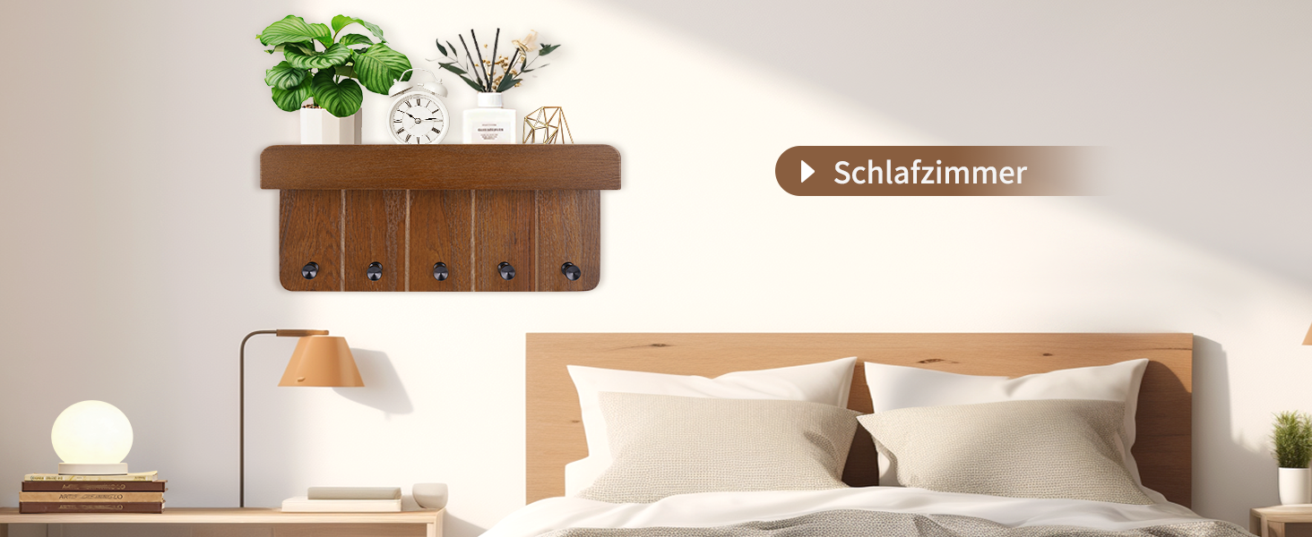 Дерев'яне ключниця з поличкою, ключниця на стіну з 5 гачками, декоративне настінне кріплення для ключів, підходить для прихожей, коридору, кухні, спальні (Темно-коричневий)