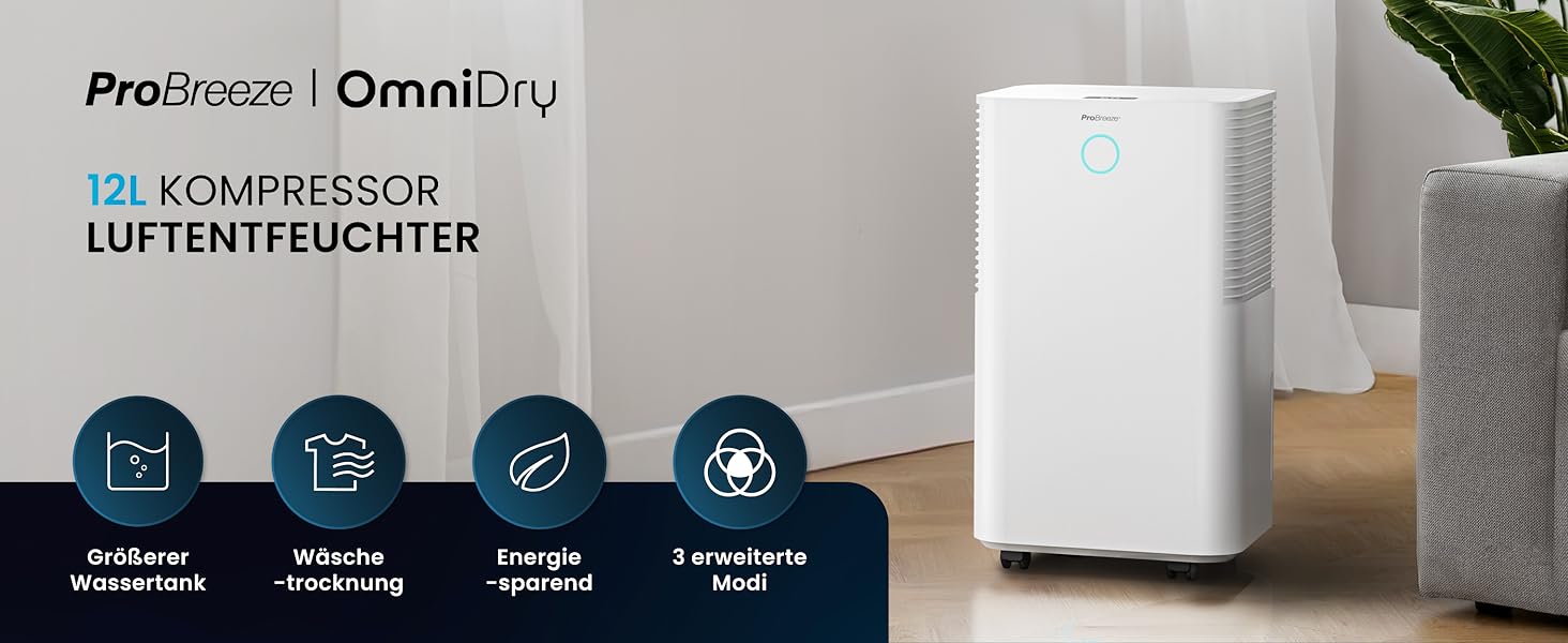 Осушувач повітря Pro Breeze OmniDry 12 л/доба, електричний, цифровий дисплей, вологомір, дренажний шланг, таймер, тихий режим, проти вологи та цвілі