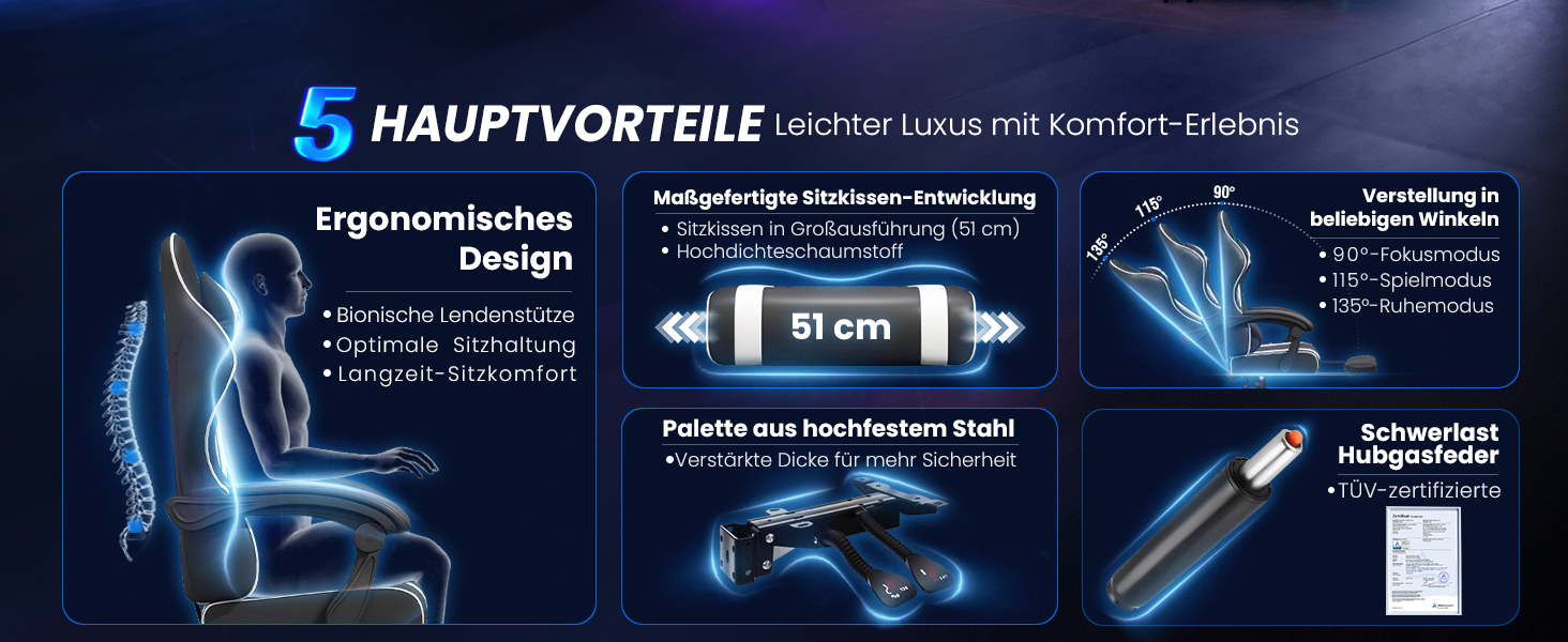 Геймерське крісло Gaming Stuhl з підставкою для ніг, регульованою спинкою та підтримкою попереку, чорне, до 200 кг