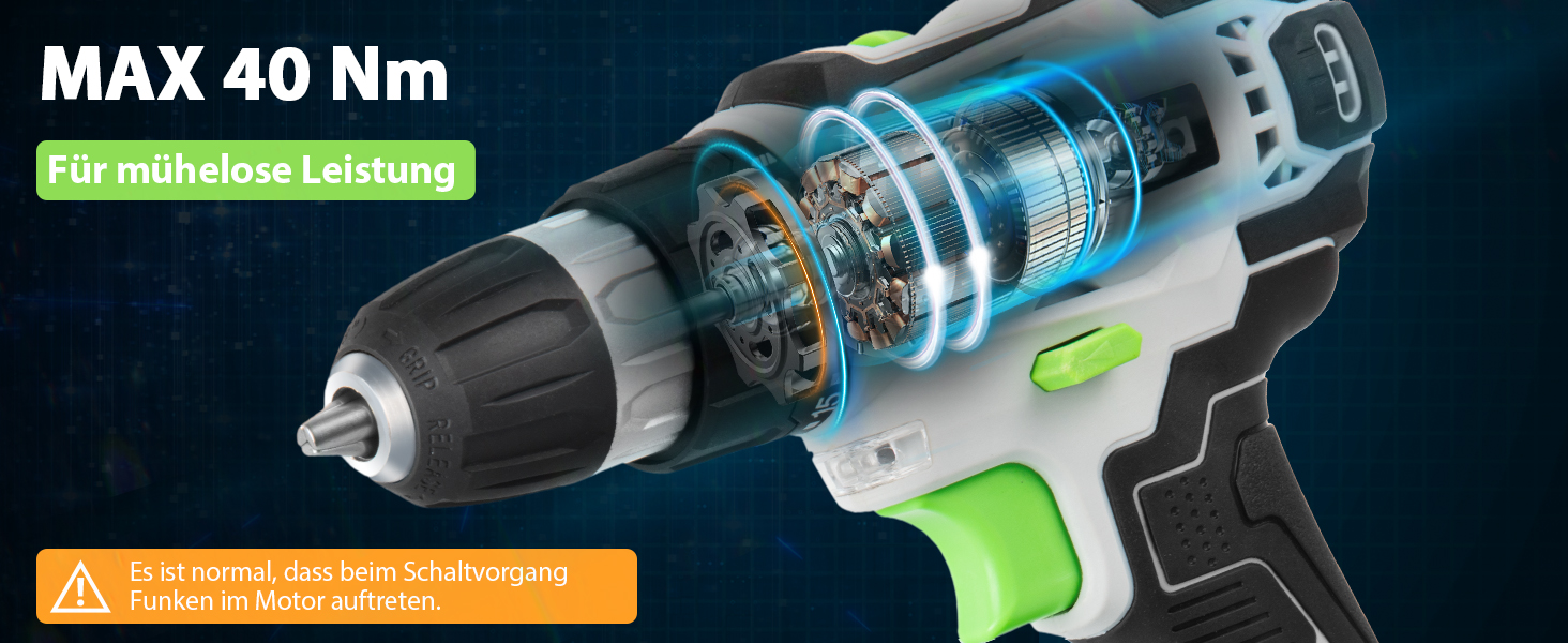 Faboka 21V акумуляторний шуруповерт, комплект з 2 акумуляторами 2.0Ah, 40Nm, 18+1 ступенів, 10мм патрон, регулювання швидкості, LED-підсвічування, для ремонту та DIY