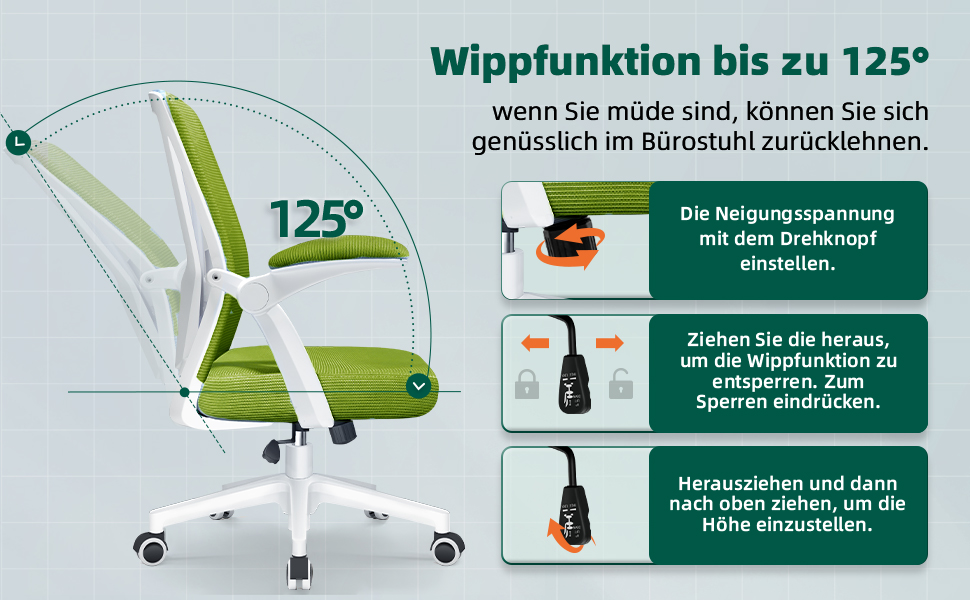 Ергономічне крісло для офісу з регульованою поперековою підтримкою, відкидними підлокітниками, поворотним механізмом і регулюванням висоти, зелене