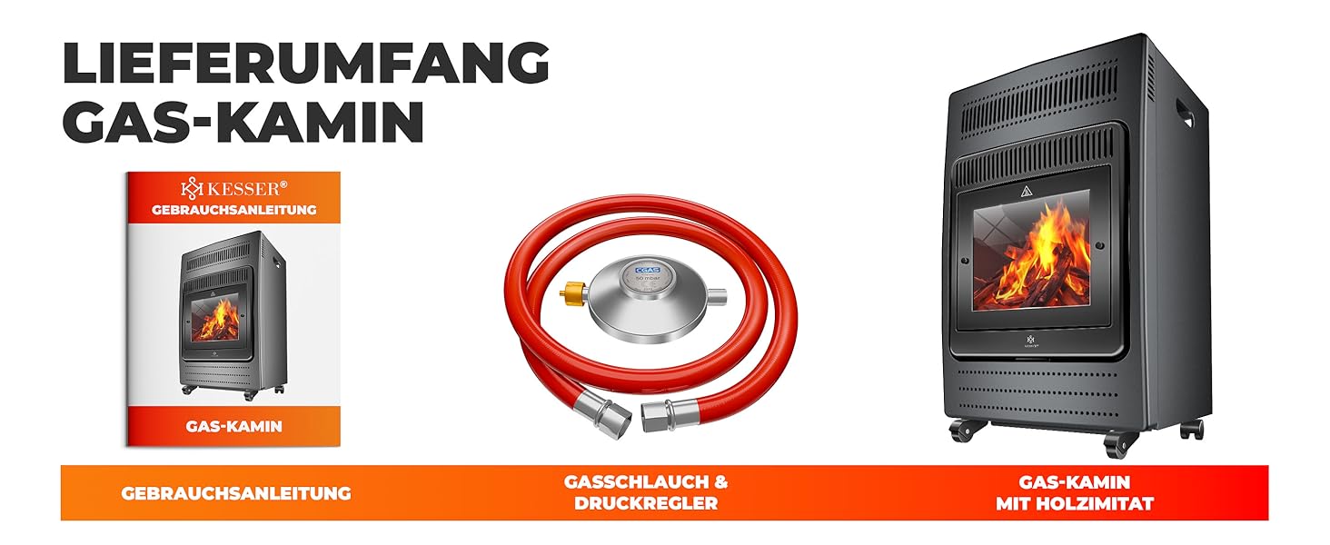 Газовий обігрівач KESSER® - газовий камін з інфрачервоним нагрівачем, 3.4 кВт, 2 режими, з газовим редуктором та шлангом, для бутану/пропану, антрацит