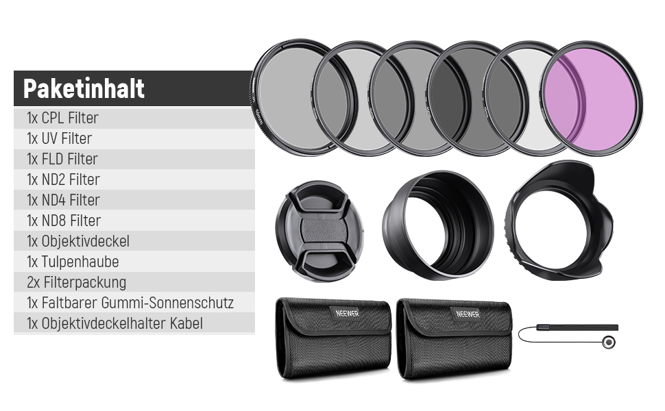 Набір фільтрів Neewer 82mm ND: UV, CPL, FLD, ND2, ND4, ND8, бленда, кришка для об'єктива, сумісний з Canon, Nikon, Sony, Panasonic, DSLR