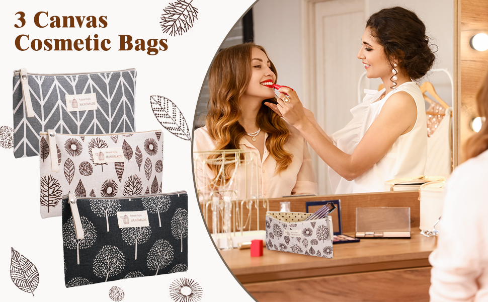 3 косметичні сумки з канвасу, органайзери для макіяжу, дорожні косметички для жінок, набір 3 шт. (Натуральний стиль)