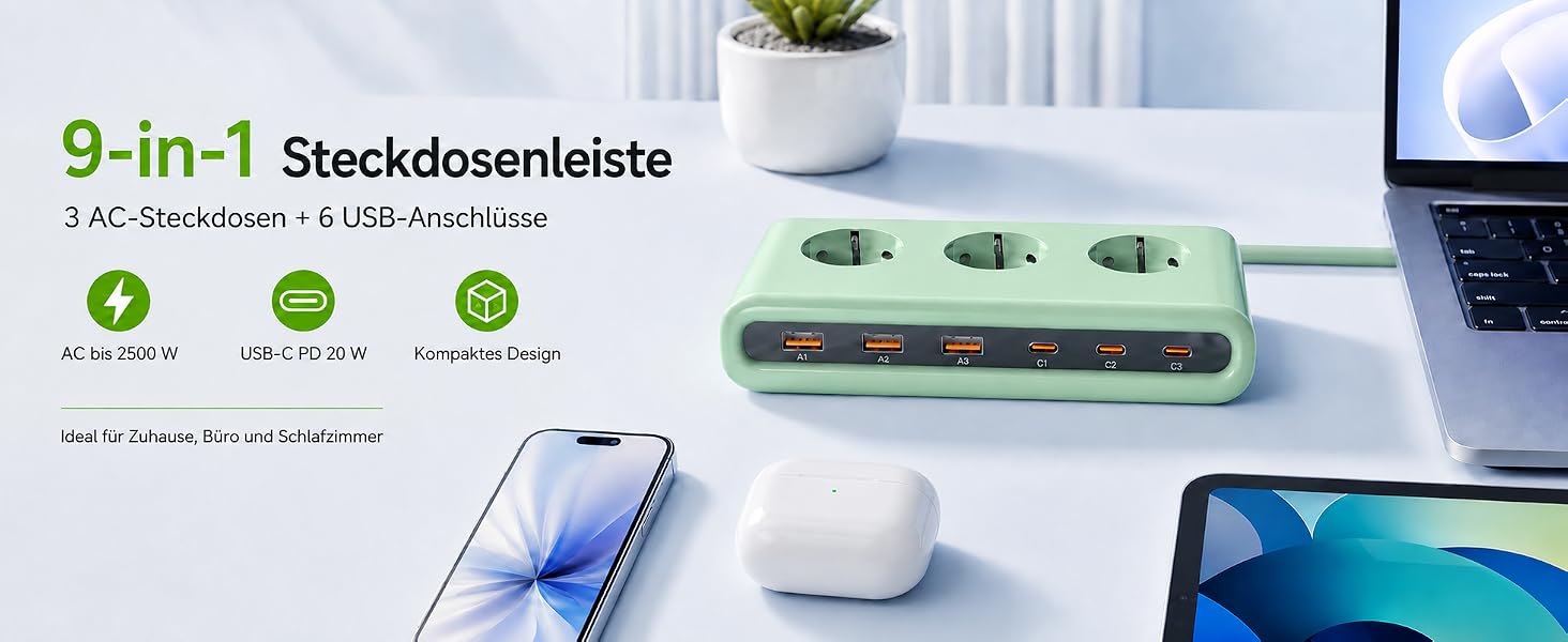 Мережевий фільтр 9-в-1 з 3 розетками та USB зарядним пристроєм, подовжувач з USB-портами, зелений