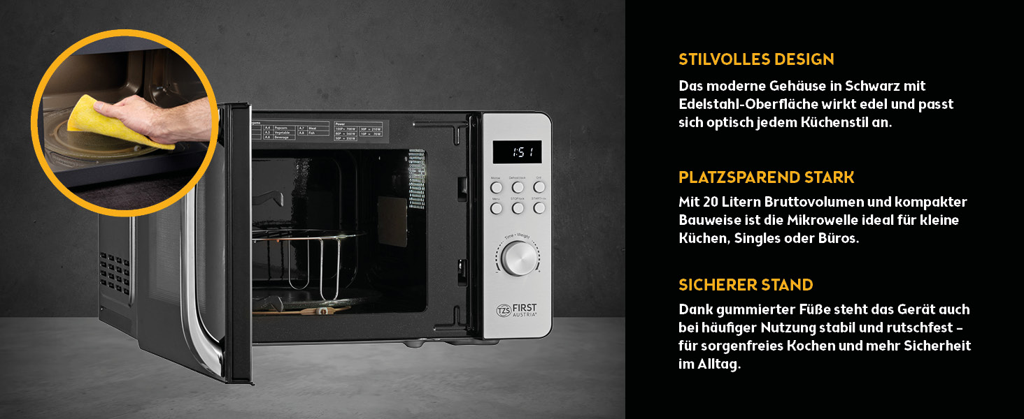 Мікрохвильова піч з грилем TZS First Austria 20L - 2-в-1, 700/800W, 8 програм, LED-дисплей, нержавіюча сталь, захист від дітей, чорний