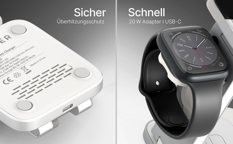 TEGLER 3-в-1 MagSafe зарядний пристрій: алюмінієва зарядна станція для iPhone, Apple Watch та AirPods, з адаптером 20W та USB-C кабелем
