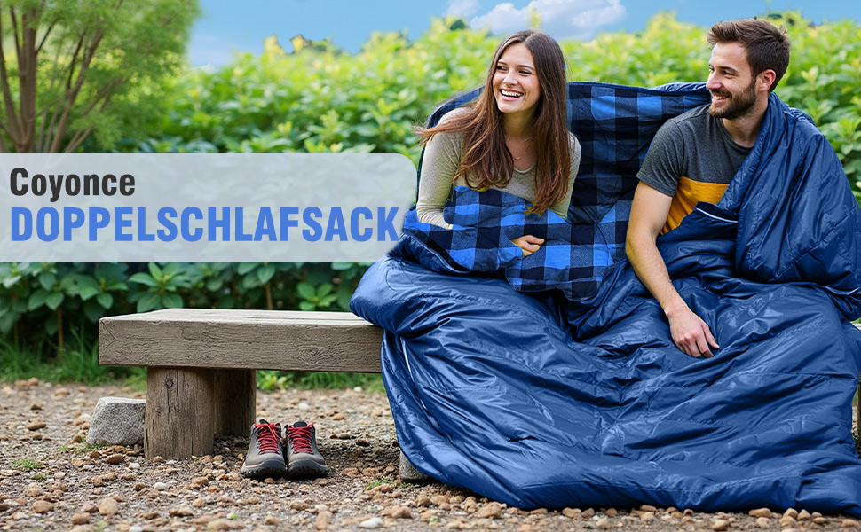 Спальний мішок для двох осіб з фланелі, 220 x 160 см, Outdoor, з двома подушками та сумкою для перенесення, блакитний