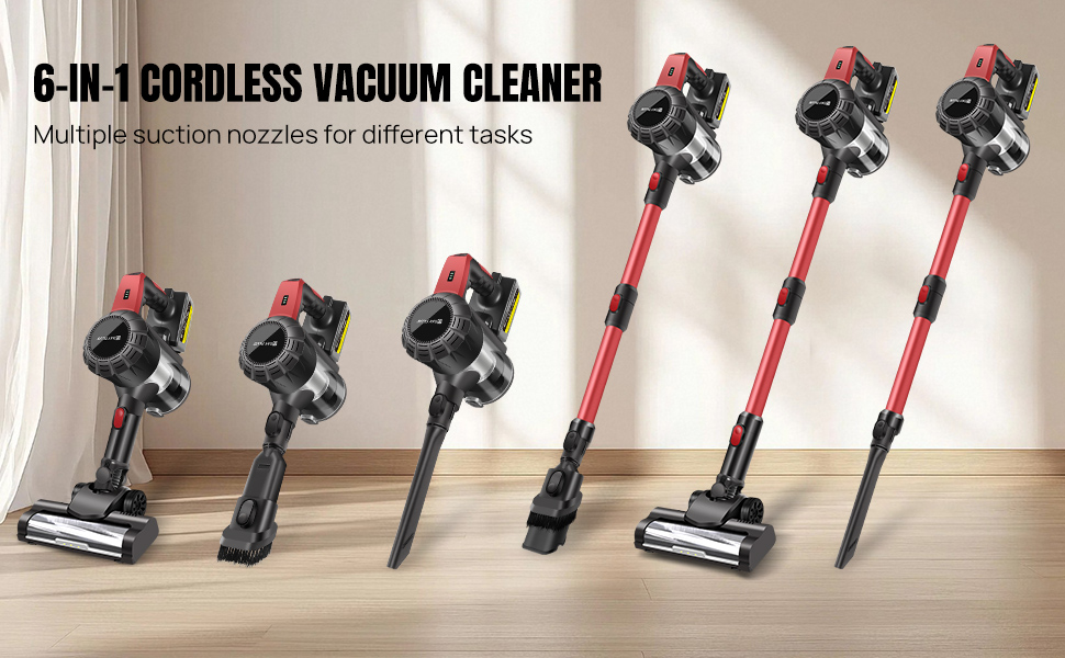 Бездротовий акумуляторний пилосос з антизаплутувальною насадкою, фільтрація 99,999%, для автомобіля та будь-яких поверхонь (червоний, незнімний акумулятор)