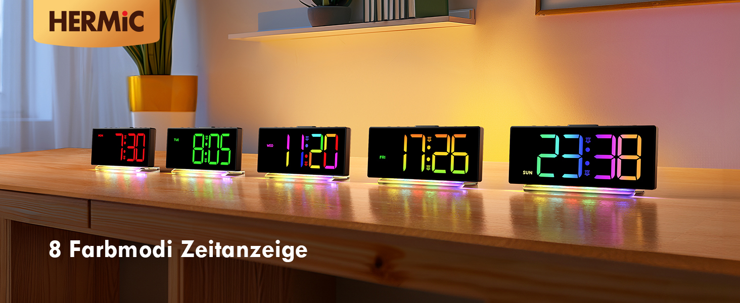 Цифровий LED будильник з RGB підсвіткою (7 кольорів), мережевий будильник з 2 сигналами, функцією Snooze, регулюванням гучності та яскравості, формат 12/24г, багатоколірний