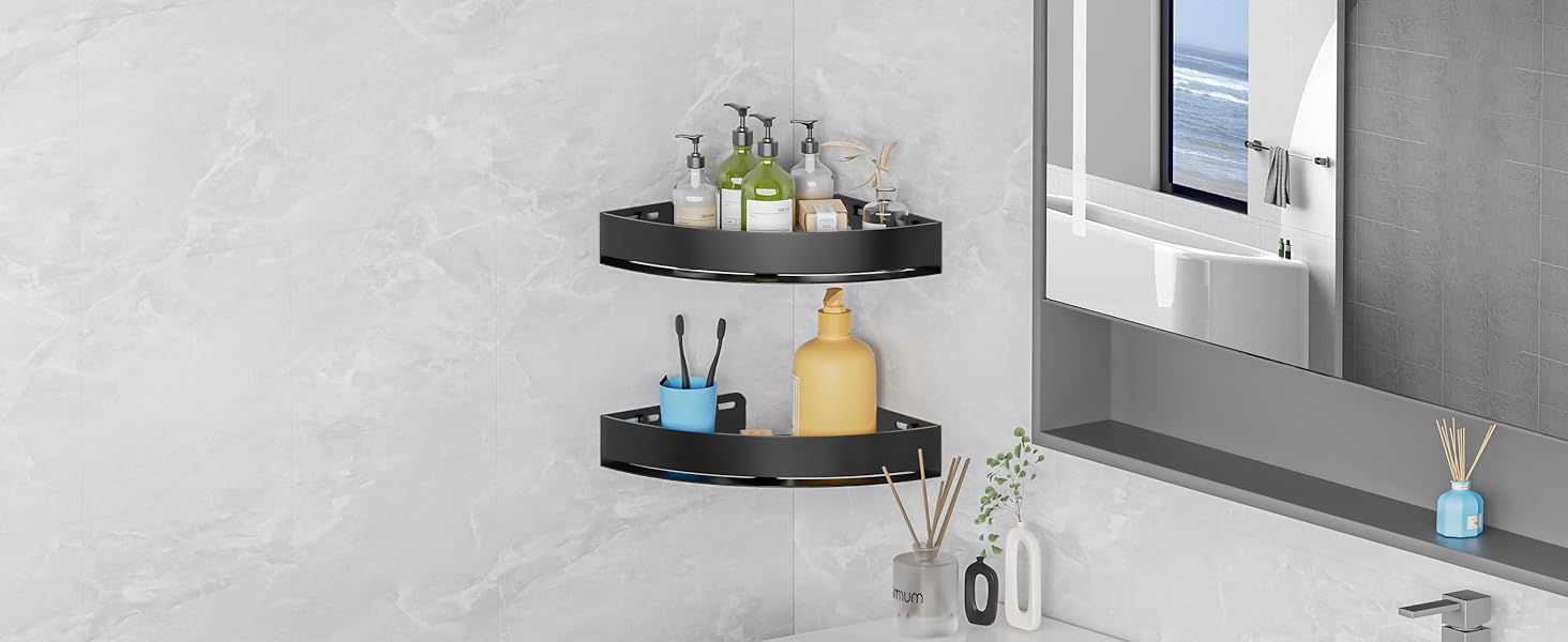 Поличка для душу без свердління, кутова, з нержавіючої сталі, з алюмінію, чорна - 2 шт.