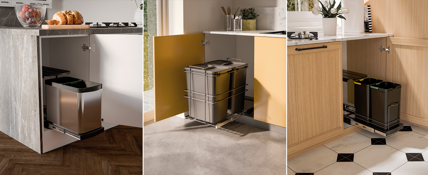 Відро для сміття кухонне Emuca з підвісною системою, 2 висувні контейнери по 20 л, загальний об'єм 40 л (2 x 20 л), сталь та пластик, сірий колір