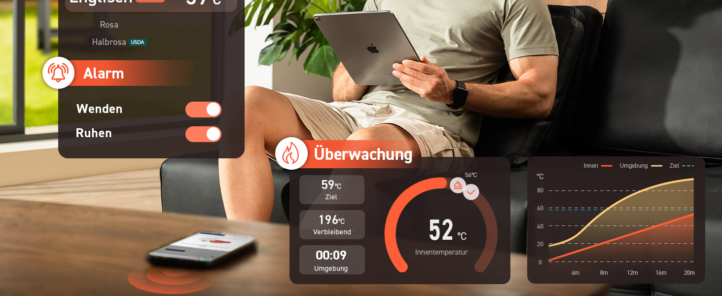 COSORI Смарт термометр для м'яса, бездротовий Bluetooth термометр для гриля та кухні, підходить для аерофритюрниці, мийка в посудомийній машині, чорний