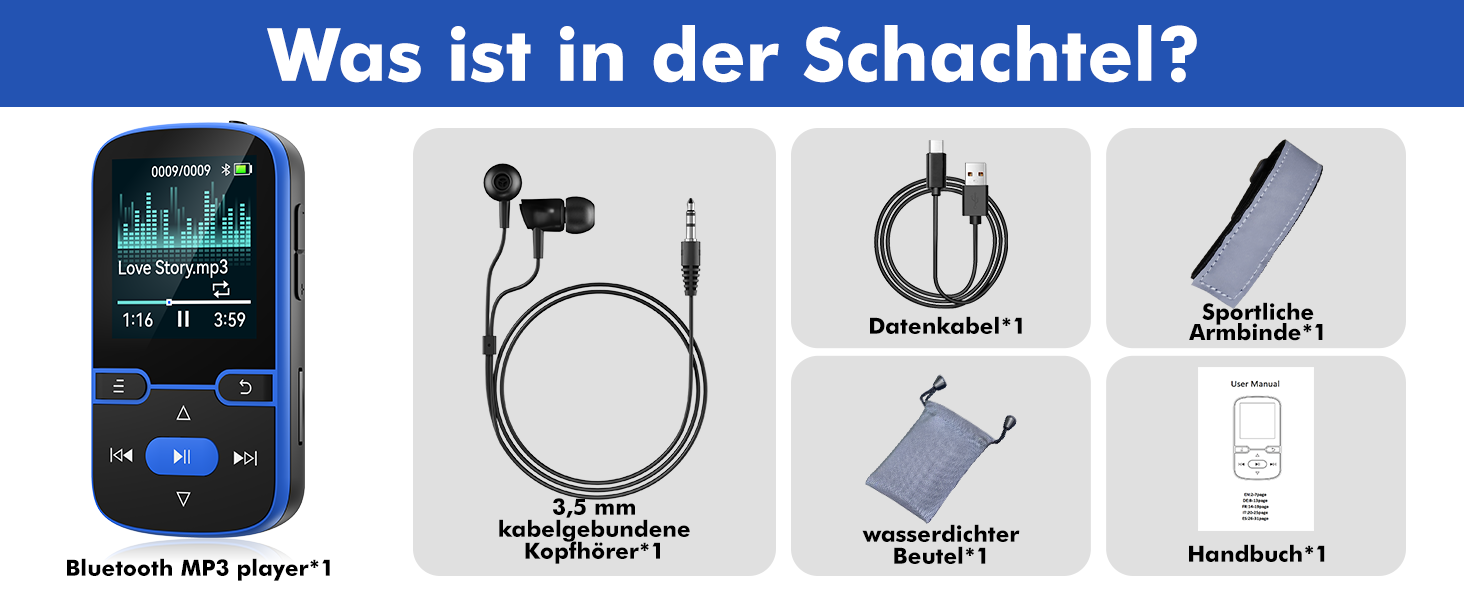 MP3 плеєр Bluetooth 5.3 з кліпсою, HiFi плеєр для спорту та дітей, 64GB, FM-радіо, диктофон, крокомір, екран 1.5