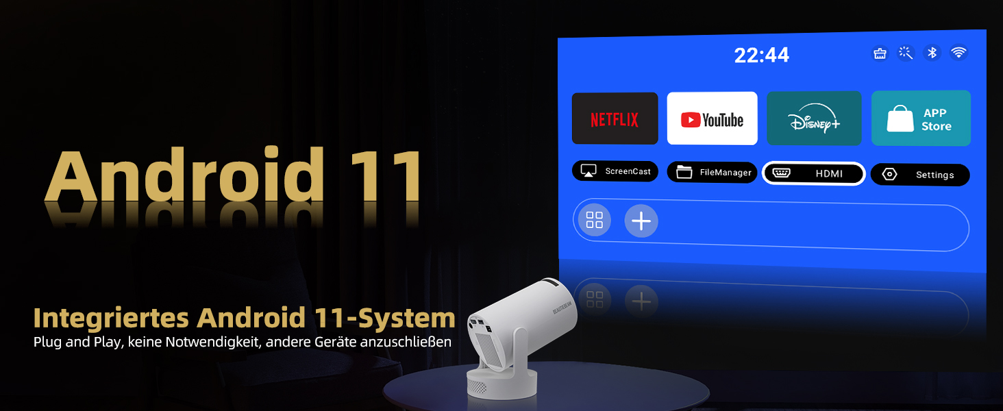 Beautiebeam Beamer: Міні проектор 4K з підтримкою 1080P, Android 11, Bluetooth 5.0, Wi-Fi 6, Автоматична корекція трапеції, для дому та на відкритому повітрі