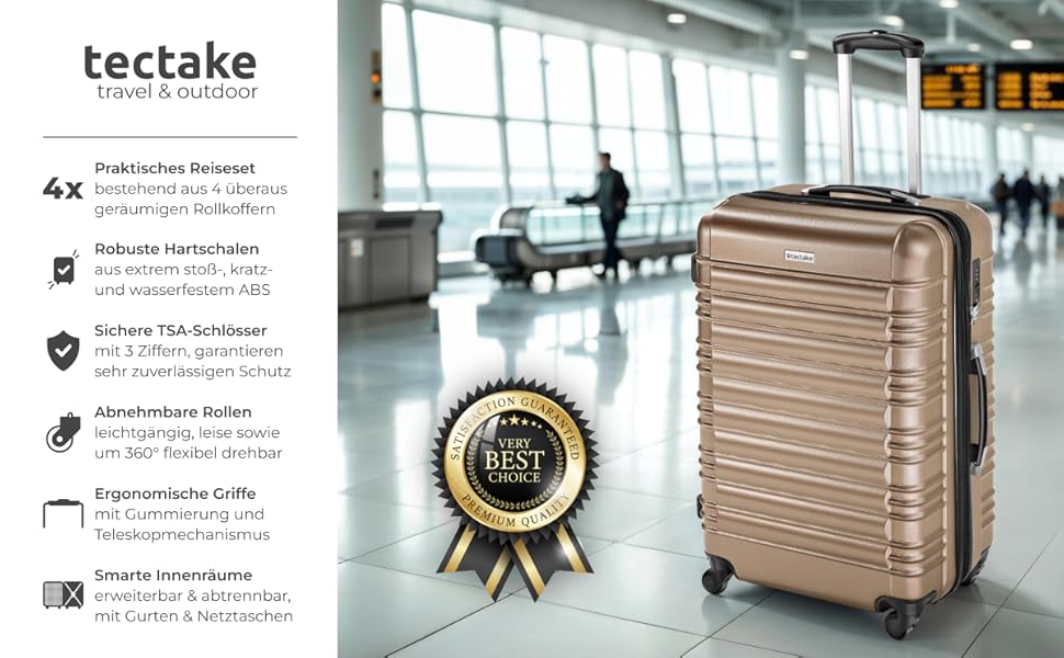 Набір валіз Tectake® 4 шт. з TSA замком, жорсткий корпус, набір валіз-роликів, ABS, 4 колеса, поворот на 360°, телескопічна ручка - зелений (шампань)