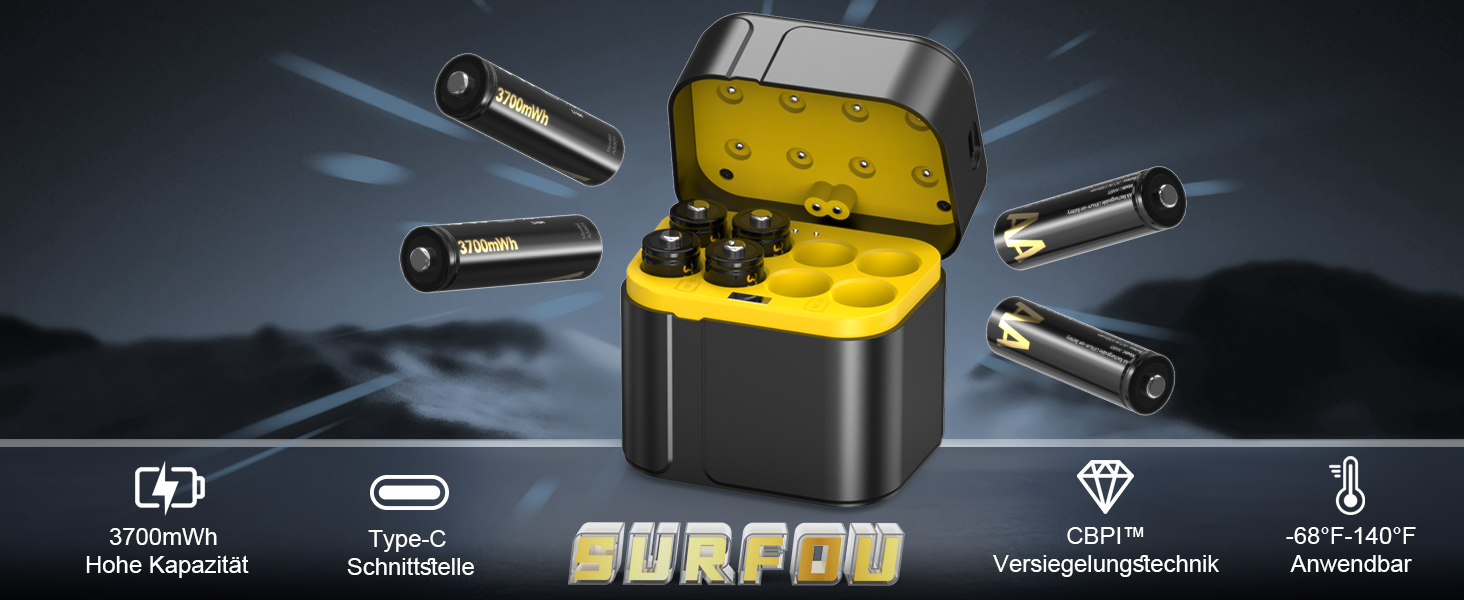 SURFOU Акумулятори Li-ion 4 AA + 4 AAA з зарядним пристроєм, 1300 мАг, висока ємність 1.5V, з інтегрованою коробкою для зберігання, 1600+ циклів, 8-зарядний пристрій з 4 AA 3700 мАг та 4 AAA 1300 мАг