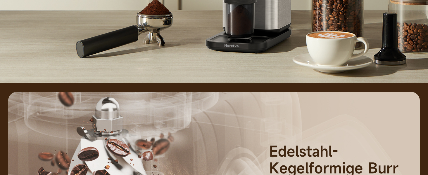 Професійна кавомолка Neretva з прецизійними жорнами, 40 штук. Електрична кавомолка з рівномірним помелом, антистатична, без залишків. Підходить для еспресо, фільтр-кави, френч-пресу, мока-кави. Сріблястий колір.