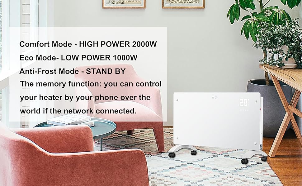 Конвектор DONYER POWER 2000W з Wi-Fi, білий, настінний/підлоговий, таймер, пульт керування, скляна панель