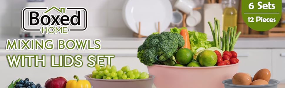 Набір мисок для перемішування BoxedHome з кришками (12 шт.), миски для салатів з пластику, неслизькі, стійкі, для кухні (6 мисок та 6 кришок, хакі)