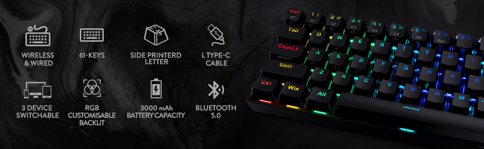 Redragon K530 Pro Draconic: Механічна ігрова клавіатура 60% з RGB-підсвічуванням, Tactile Brown Switch, Hot-Swap, для Windows/Mac/Android