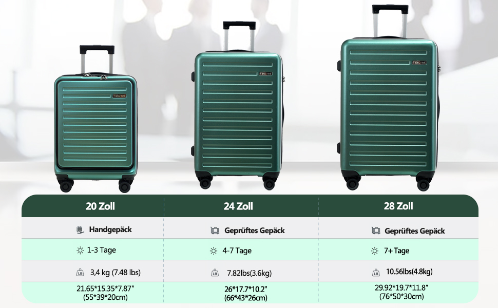 Набір валіз TydeCkare 3-в-1 (55/66/76 см) з TSA замком, зелений. Включає ручну валізу з відділенням для ноутбука (34л, 55x39x20 см), середній (65л) та великий (101л) валіза.