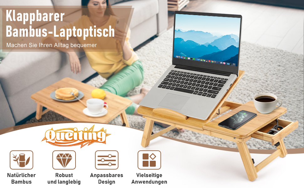 Столик для ноутбука 50x30 см з бамбука з ящиком та вентиляційними отворами | Столик для ліжка, колін