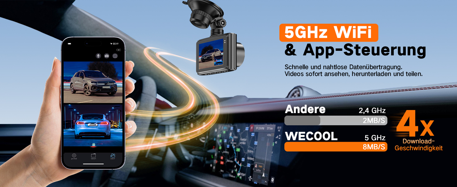 Автомобільний відеореєстратор Wecool 4K+2.5K (передній та задній), 2 канали, кут 170°+150°, 64GB SD-карта, 5GHz WiFi, нічна зйомка, G-сенсор, циклічний запис, цілодобовий моніторинг паркування