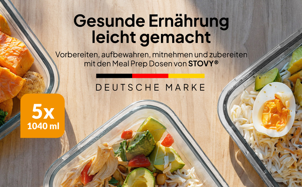STOVY® Набори для приготування їжі Meal Prep Box - 5 контейнерів по 1040 мл з кришкою. Ідеально для повного раціону. Контейнери для зберігання їжі, придатні для мийки, мікрохвильової печі та морозильника.