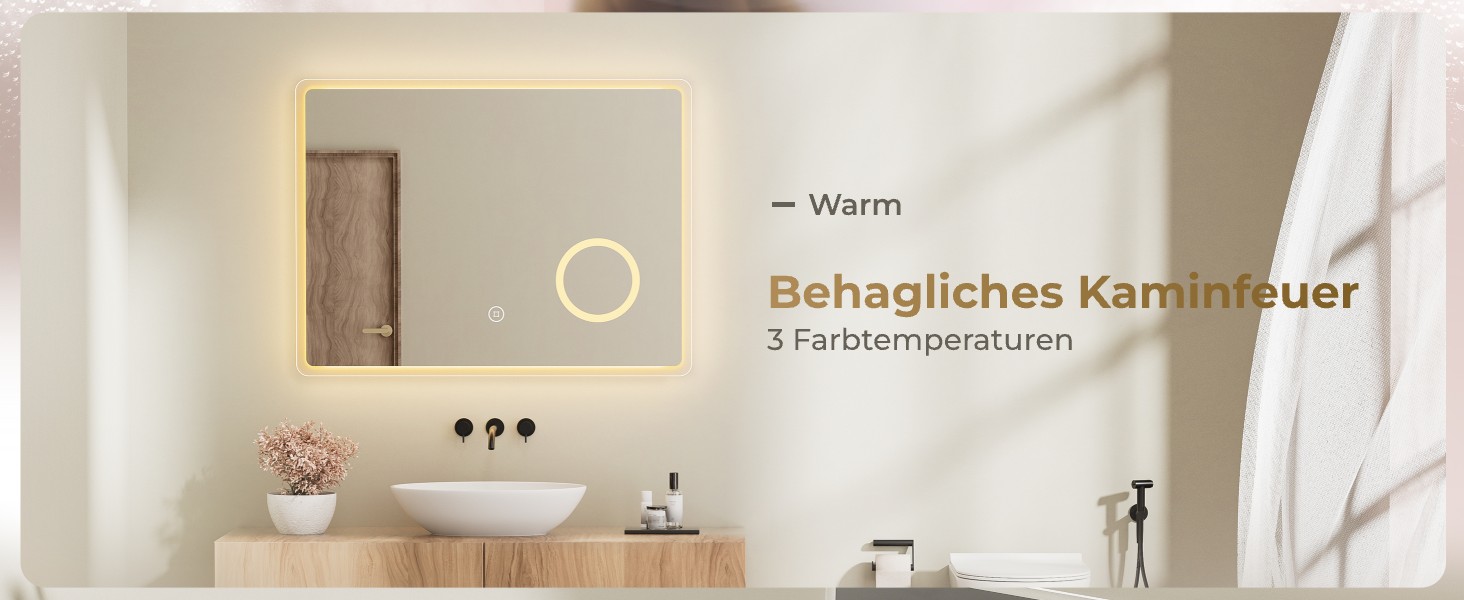 Дзеркало для ванної кімнати з підсвічуванням LED 80x60 см, регульоване, 3 кольори світла (3000K/4000K/6500K), антизапарник, вертикальна/горизонтальна установка, з 3x збільшенням