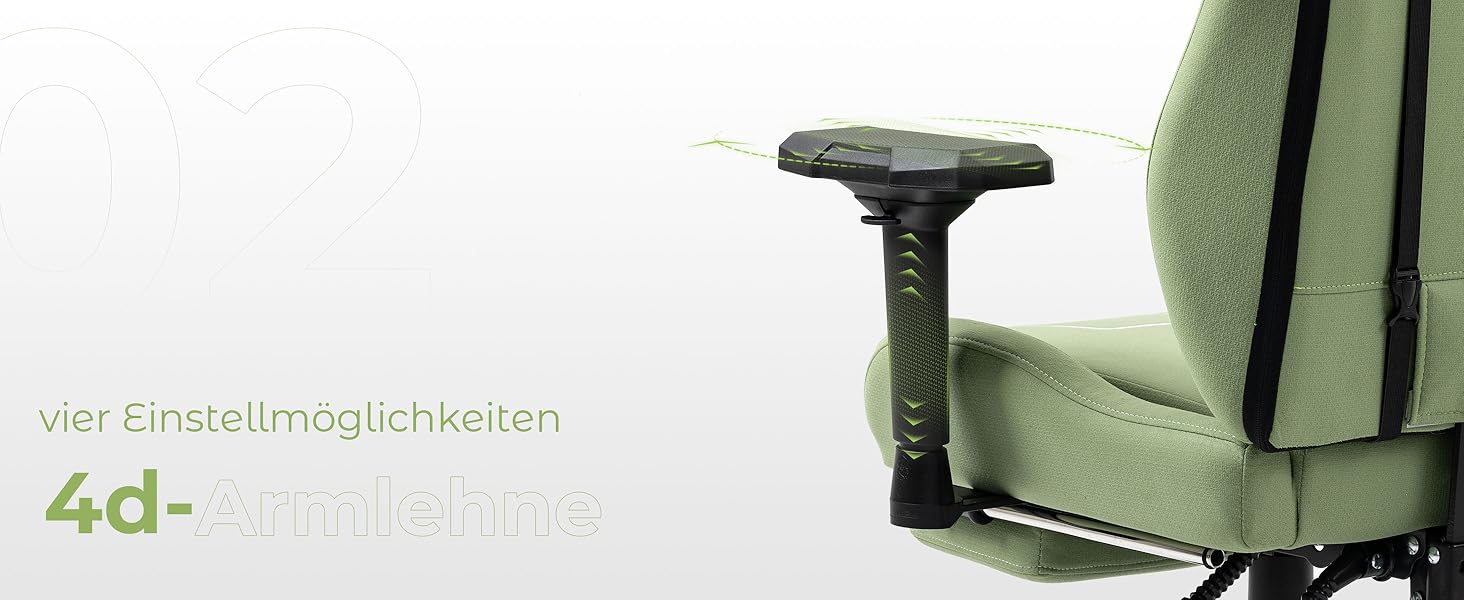 Ігровий крісло Dowinx з тканини, ергономічний, з підлокітниками 4D, для тривалої гри (Зелений)