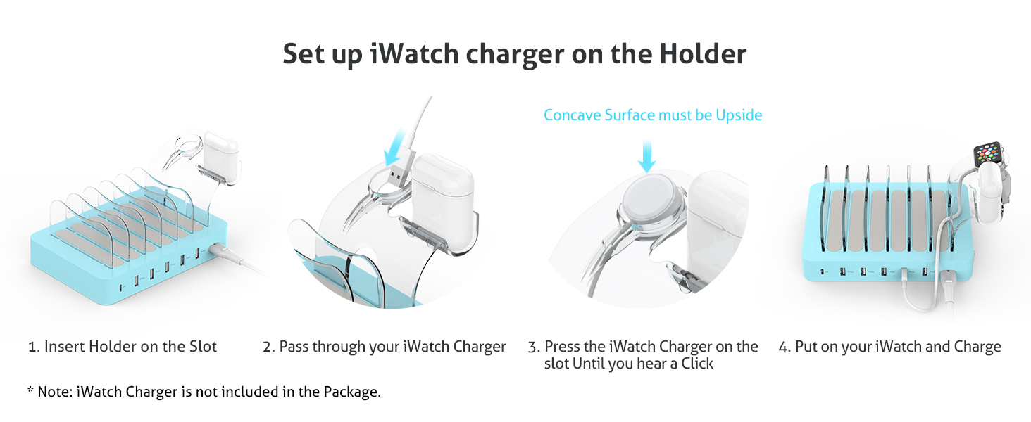 Зарядна станція SooPii USB 60W/12A, 6 портів, органайзер для декількох пристроїв з тримачем для Apple Watch, 6 кабелів (синій)