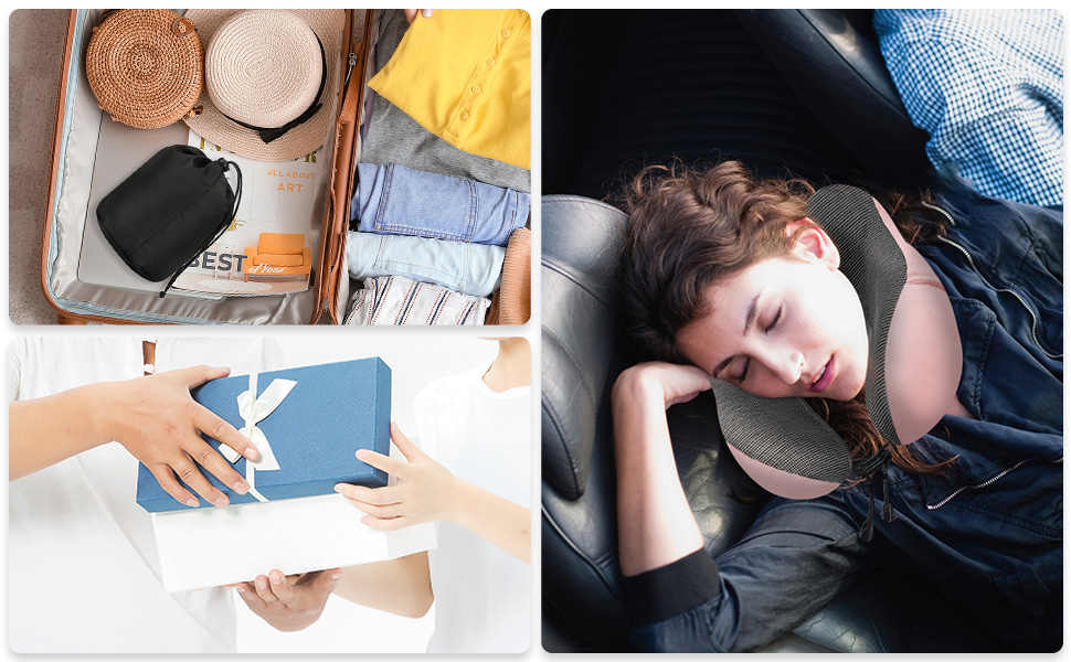 Подушка для шиї Eono з піною Memory Foam, ергономічна, для подорожей, з маскою для сну та навушниками, рожева