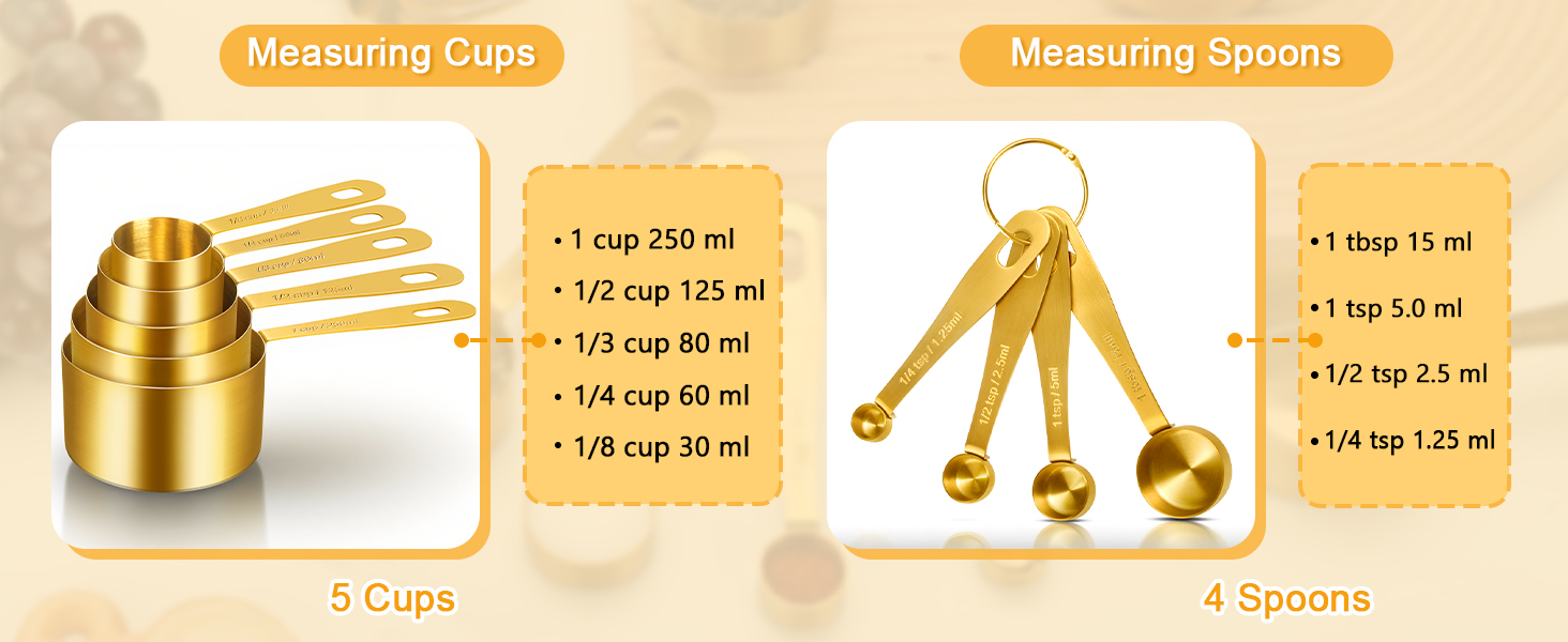 Набір мірних стаканів та ложок Cuteefun Gold, 13 предметів, нержавіюча сталь: мірний стакан 5 чашок, 8 магнітних ложок з рівнем для вимірювання сухих та рідких інгредієнтів для випічки та приготування їжі