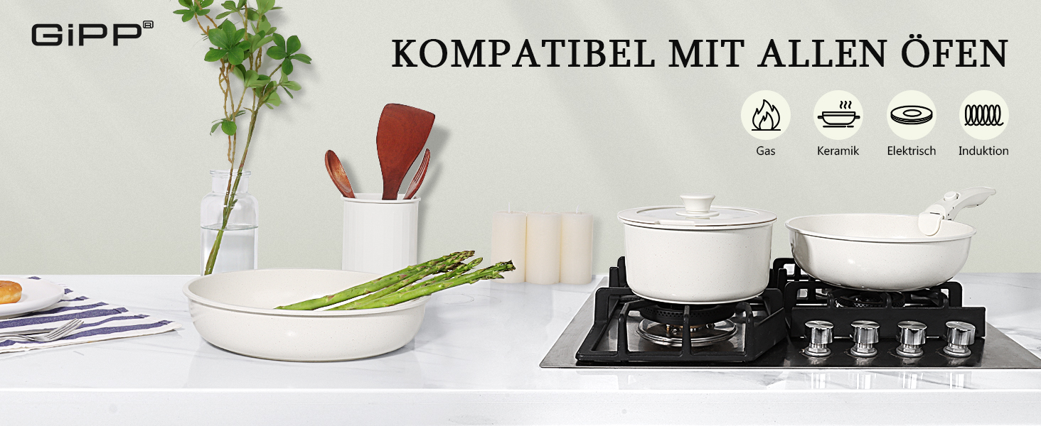 GiPP 5-Piece Ceramic Cookware Set with Removable Handle - Non-Stick, Oven-Safe, Induction Compatible, PTFE/PFOA-Free