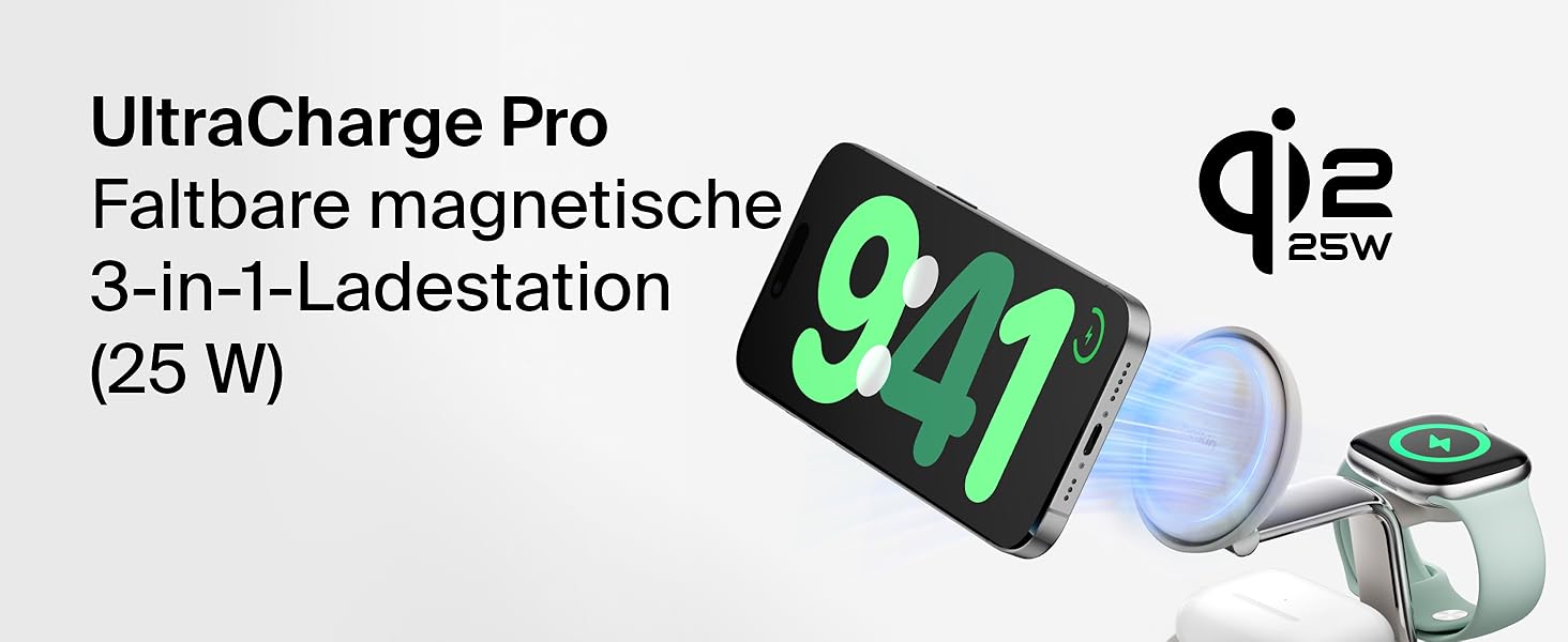 Беспроводное зарядное устройство Belkin UltraCharge Pro Qi2 3-в-1, 25W, MagSafe сумісне для iPhone, Apple Watch, AirPods, адаптер 45W, пісочний колір