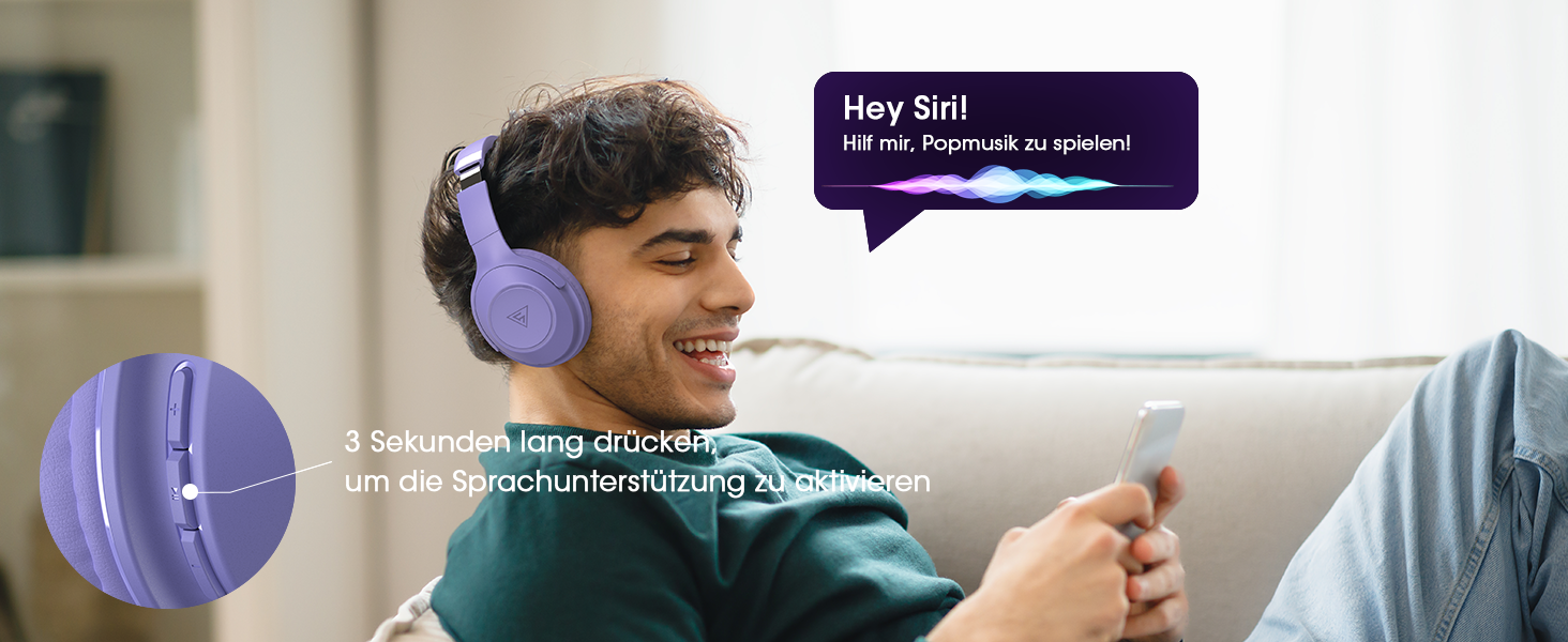 Бездротові навушники DOQAUS Bluetooth з довгим терміном служби (70 годин), Over-Ear, Bluetooth 5.4, з кабелем, 3 режими EQ, Hi-Fi стерео для подорожей/телефону/ПК (фіолетові)