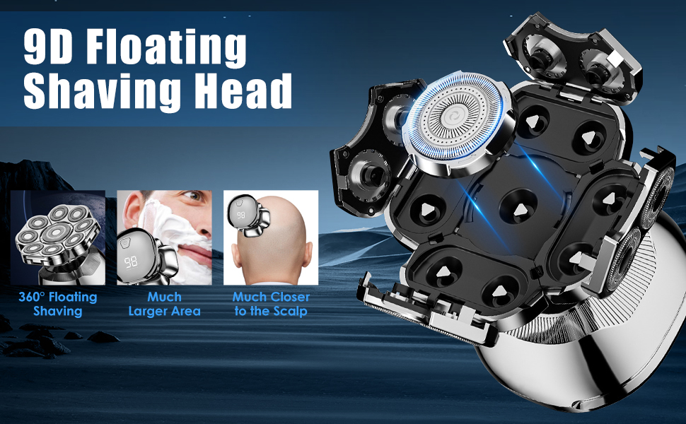 Електричний гостростример для голивної голови Glatzen, 6-в-1, з плаваючою насадкою 9D, IPX7 водонепроникний, LED дисплей, Type-C, для чоловіків