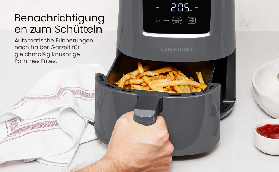 Chefman 2L Digital Air Fryer - Compact, Non-Stick, Dishwasher-Safe Air Fryer with Timer & Shake Reminder - Grey