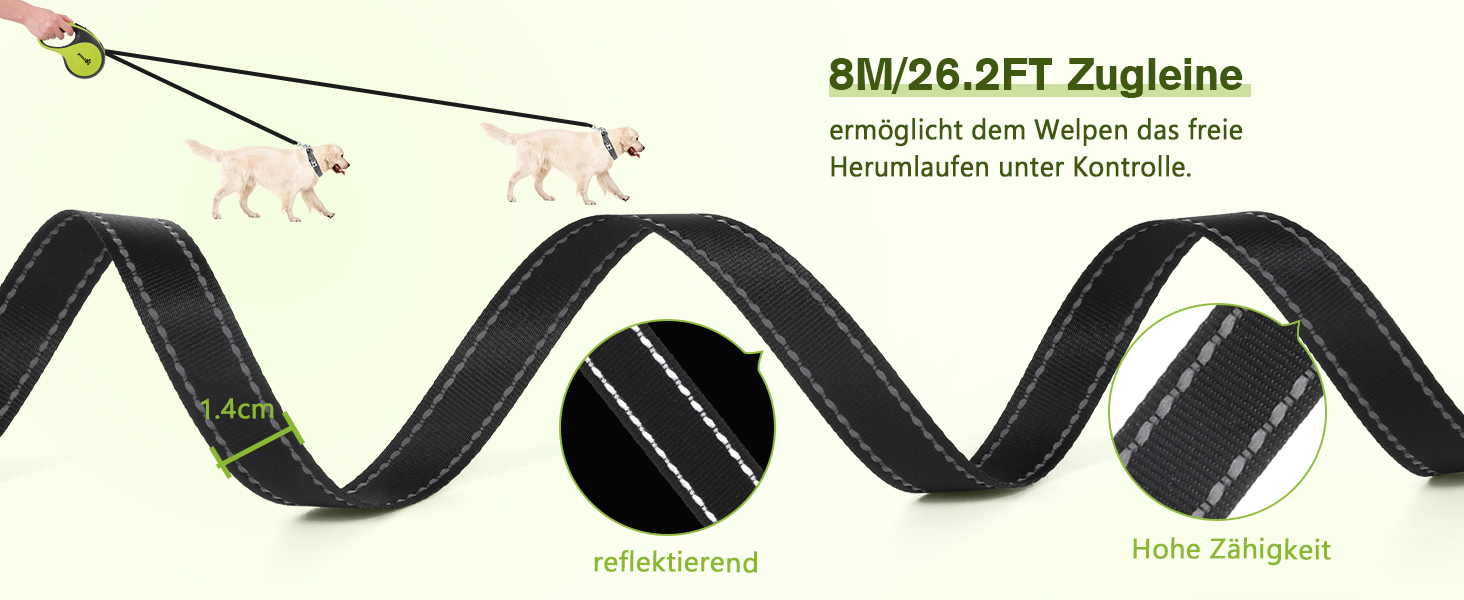 Рулетка для собак Pecute 8м, 50 кг, зелена, антизаплутування, швидке гальмування