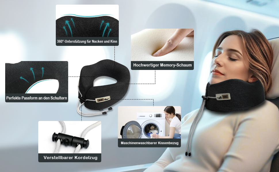 Подушка для шиї у вигляді U, Memory Foam, для подорожей, доросла, ергономічна, з чохлом, для автомобіля, офісу, поїздів (чорна)